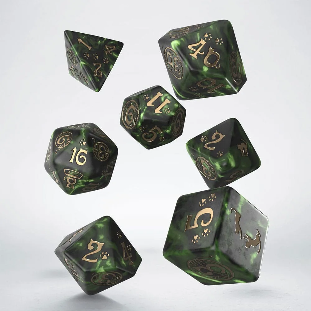 Cats Dice Set – Q Workshop Pixel Green and Gold 7-Piece