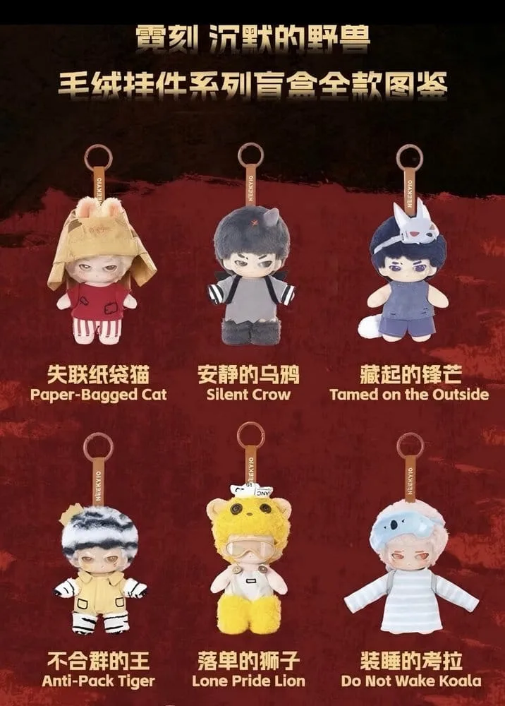Neekyio Silent Beast Plush Keychains – Blind Box Display of 6 15 cm