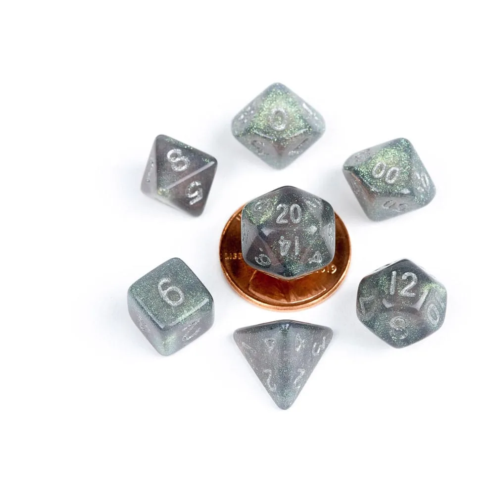 FanRoll Mini Dice Set – Stardust Gray with Silver Numbers 10 mm
