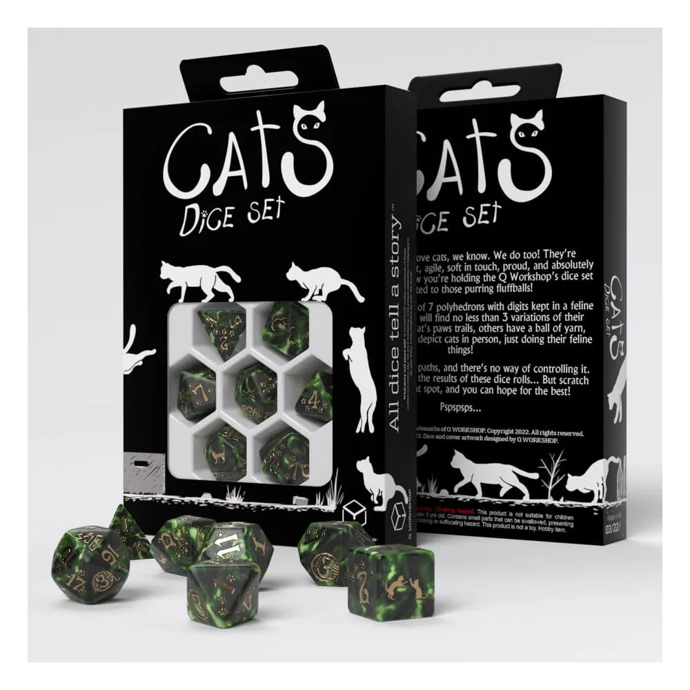 Cats Dice Set – Q Workshop Pixel Green and Gold 7-Piece 2