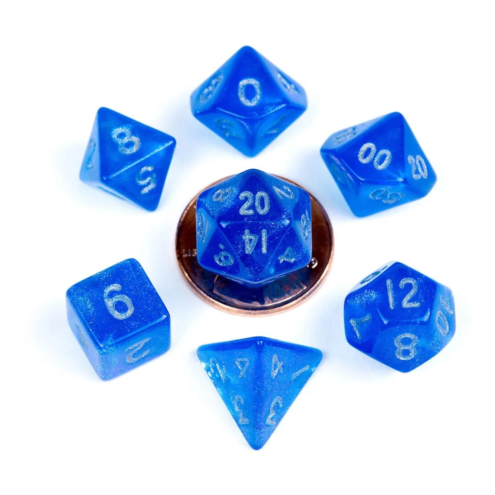 FanRoll Mini Dice Set – Stardust Blue with Silver Numbers 10 mm